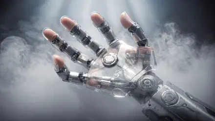 Close-up of a metallic robotic hand with exposed mechanics amid drifting fog, 4K Ultra HD PC desktop wallpaper and background.