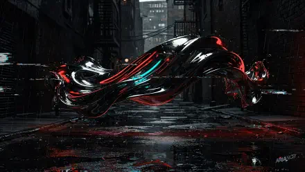 4K Ultra HD PC desktop wallpaper of a glossy liquid metal ribbon with red and teal highlights floating over a rain‑slick urban alley, reflective puddles below.