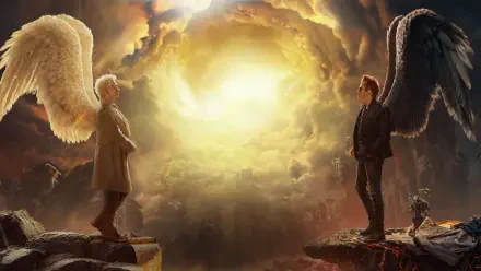 Good Omens 4K Ultra HD PC desktop wallpaper and background: an angel and a demon stand on opposing cliffs, facing a brilliant golden cloud portal.