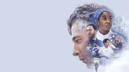 4K Ultra HD PC desktop wallpaper for The Bear: pale-blue collage with a man's profile and smaller character portraits layered over faint kitchen scenes.
