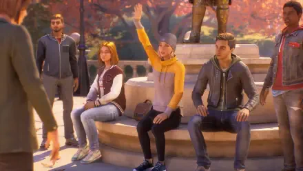 4K Ultra HD PC desktop wallpaper from the video game Life Is Strange: Reunion (Life Is Strange) — characters sit on campus steps, one waves under autumn trees.