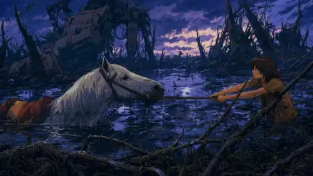 4K Ultra HD PC desktop wallpaper/background from The Neverending Story movie: Atreyu reaches for his sinking white horse in the misty Swamps of Sadness beneath a purple twilight sky.