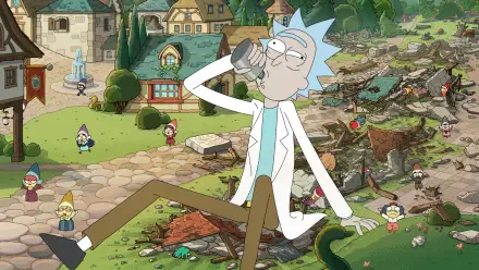 TV show Rick and Morty — season 9 HD PC desktop wallpaper: Rick drinking and lounging amid a ruined suburban yard strewn with garden gnomes, debris and overturned objects.