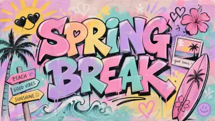 Colorful graffiti-style 'SPRING BREAK' artwork with palm trees, surfboard, waves, sun, flowers and a Polaroid; bright 4K Ultra HD PC desktop wallpaper background.
