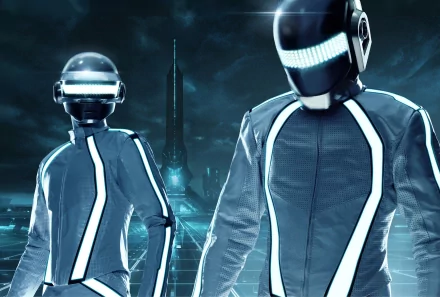 A vibrant HD desktop wallpaper featuring Daft Punk, showcasing the iconic duo in sleek, illuminated outfits against a futuristic backdrop.