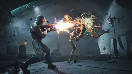 Video game Exodus (2027) 4K Ultra HD PC desktop wallpaper: armored soldier fires an energy weapon at a leaping robotic enemy in a dark, debris-strewn sci‑fi arena, sparks and electrical arcs.