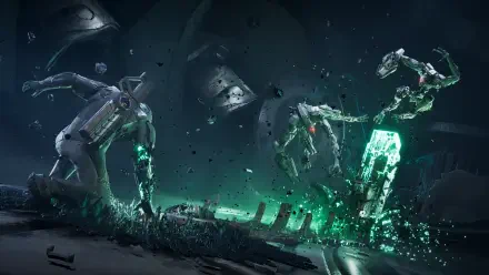 Exodus (2027 video game) 4K Ultra HD PC wallpaper — a ruined sci‑fi scene of broken robots and glowing green crystalline energy over scattered debris.