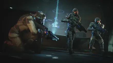 Three armored soldiers with glowing visors surround a holographic energy column in a dark sci-fi room — Exodus (2027 video game) 4K Ultra HD PC desktop wallpaper