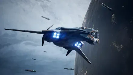 4K Ultra HD PC desktop wallpaper/background: sleek spaceship flies over a planet with escort frigates — art for the video game Exodus (2027).