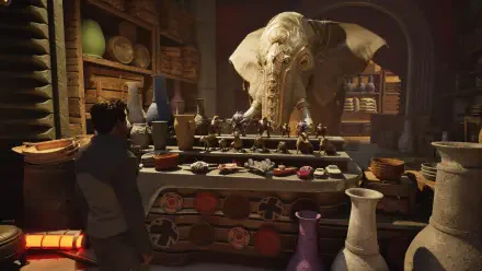 HD PC desktop wallpaper — Exodus (2027) video game: a market stall with a giant elephant head, rows of pottery and figurines, and a lone shopper amid warm, dim light.