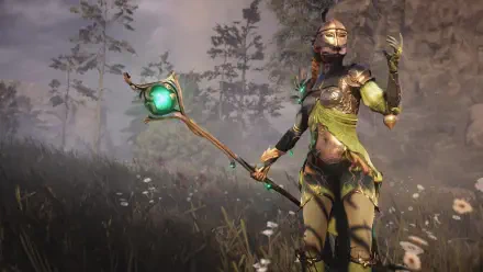 Soulframe video game 4K Ultra HD PC wallpaper: druidic armored warrior in green‑gold armor holding a glowing staff with an emerald orb, standing in a misty forest meadow.