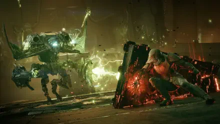 Exodus (2027 Video Game) 4K Ultra HD PC desktop wallpaper: a combatant with a glowing red energy shield battles a towering mech amid sparks, electrical arcs and ruined industrial debris.