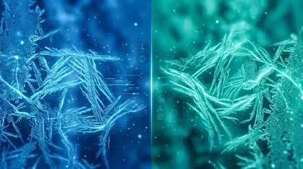 Dual-tone 5K Ultra HD PC desktop wallpaper: split blue and teal close-up of crystalline ice patterns with soft bokeh and subtle geometric accents.