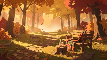 Cozy autumn 4K Ultra HD PC desktop wallpaper: sunlit forest path with golden trees, a bench draped in a plaid blanket, steaming mug on a stump and leaves drifting down.