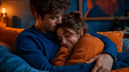 4K Ultra HD PC desktop wallpaper: warm, intimate cuddle of a couple on a couch, wrapped in cozy sweaters under soft ambient lighting.