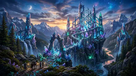 5K Ultra HD PC desktop wallpaper: glowing crystal-studded fantasy ruins on a mountain lake, arched bridges and spires under a starry twilight sky.