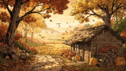 Rustic fall 4K Ultra HD PC desktop wallpaper: a weathered cabin with stacked logs and pumpkins by a leaf-strewn path beneath golden trees and rolling hills.