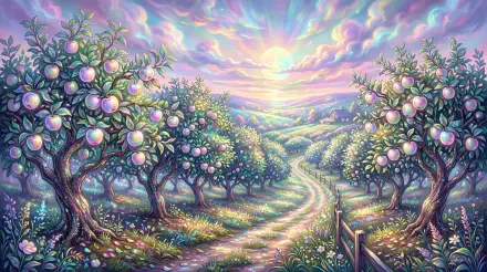 Dreamy 5K Ultra HD PC desktop wallpaper: a glowing apple orchard at sunrise, winding path through pastel clouds and fruit-laden trees.