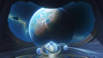 4K Ultra HD PC desktop wallpaper/background from the video game Genshin Impact (Luna VIII): view through a ship window of a glowing planet, orbiting moons and a futuristic console.