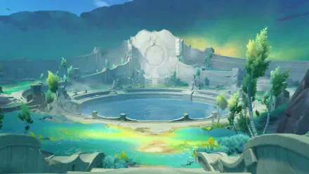 4K Ultra HD PC desktop wallpaper of video game Genshin Impact — Luna VIII: a serene circular ruin with a reflective pool bathed in teal and gold light, framed by broken stone and lush greenery.