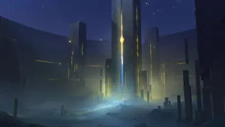 4K Ultra HD PC wallpaper of Genshin Impact Luna VIII: a glowing monolith rising from mist in a starlit, futuristic fantasy canyon.