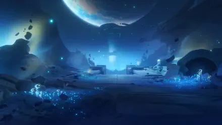 4K Ultra HD PC desktop wallpaper of Genshin Impact Luna VIII — ethereal blue lunar landscape with glowing flora, scattered ruins and a distant planet in a video game fantasy scene.