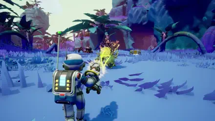HD PC desktop wallpaper/background from the video game Starseeker: Astroneer Expeditions — an astronaut fires a yellow beam across a purple alien plain dotted with exotic plants and rock formations.