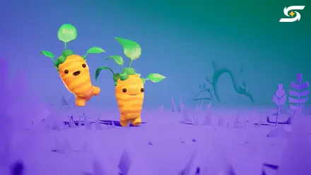 4K Ultra HD PC desktop wallpaper from the video game Starseeker: Astroneer Expeditions — two carrot-like plant creatures with leaf crowns on a purple alien plain beneath a teal sky.
