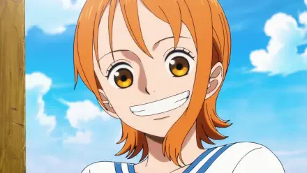 HD PC desktop wallpaper: anime close-up of Nami from One Piece smiling under a bright blue sky, orange hair, golden eyes, and sailor-style outfit.