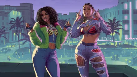 4K Ultra HD PC wallpaper: two stylized women on a balcony over a neon city — Grand Theft Auto video game art (Grand Theft Auto VI) featuring Real Dimez.