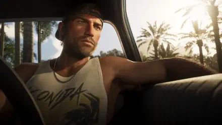 Video game scene: Jason Duval from Grand Theft Auto VI lounges in a car at sunset with palm trees outside — 4K Ultra HD PC desktop wallpaper/background.