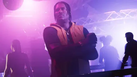 4K Ultra HD GTA VI desktop wallpaper showing DreQuan Priest in neon club lighting, arms crossed among silhouetted crowd — Grand Theft Auto video game background.