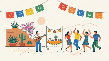 Fiesta scene 5K Ultra HD PC desktop wallpaper: colorful papel picado banners, guitarist, dancing couple, cacti and planters, a festive food stall and string lights.
