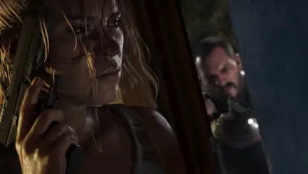 4K Ultra HD PC wallpaper of Lucia Caminos from the video game Grand Theft Auto VI: shadowed close-up of her in a car holding a phone while a gunman aims at her through the window.