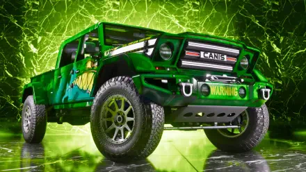 4K Ultra HD PC wallpaper of a green armored off-road vehicle from the Grand Theft Auto video game, Grand Theft Auto VI, with a 'CANIS' grille and neon cracked green background.