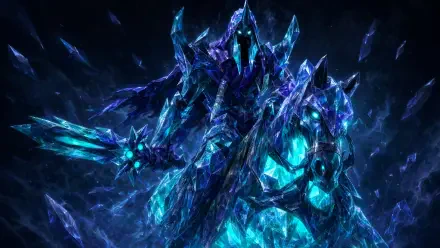 Abaddon (DotA 2) as a crystalline spectral knight on an armored steed, glowing blue shards and icy armor — 4K Ultra HD PC desktop wallpaper background.