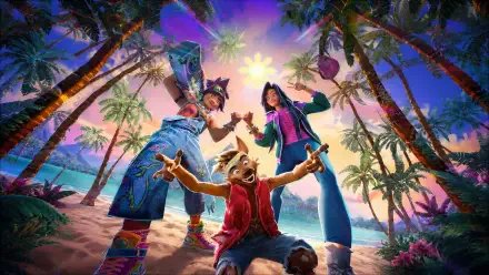 Forgotten Island — 4K Ultra HD PC desktop wallpaper: sunset on a palm-fringed beach with three joyous adventurers, featuring an anthropomorphic animal and two friends celebrating.