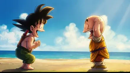 HD PC desktop wallpaper: Dragon Ball anime of kid Goku and Krillin smiling and facing each other on a sunlit beach with blue sky and ocean in the background.