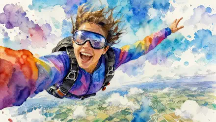 Colorful watercolor-style 4K Ultra HD PC desktop wallpaper/background of a joyful skydiver in goggles and rainbow suit, arms wide over patchwork fields and a vivid blue sky.
