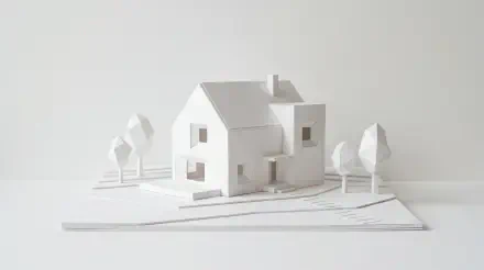 Clean minimalist 5K Ultra HD PC desktop wallpaper: white paper-model house and stylized trees on a soft white background.