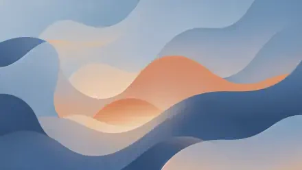Abstract flowing layered waves in soft blues and peach, a minimal gradient landscape — 4K Ultra HD PC desktop wallpaper and background.