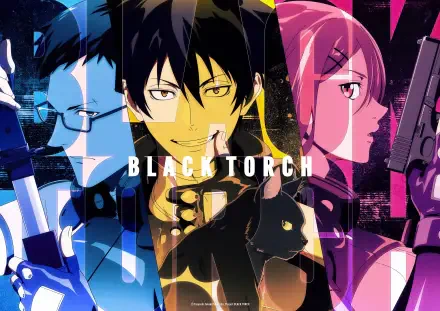 Anime Black Torch 2K Quad HD PC wallpaper featuring Jirou Azuma, Ichika Kishimojin and Reiji Kirihara in bold split-color panels with a black cat.