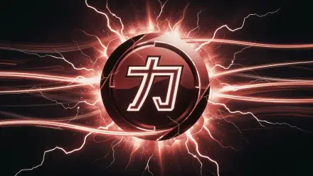 Japanese logo — glowing red orb with the kanji 力 at its center, surrounded by electric lightning bolts; 4K Ultra HD PC desktop wallpaper background.