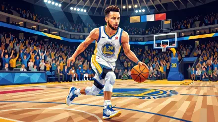 5K Ultra HD PC desktop wallpaper — stylized illustration of a Golden State Warriors guard dribbling toward the basket in a packed arena, dynamic pose, vivid colors and arena lighting.