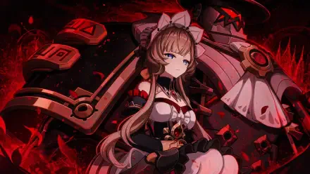 Sandrone (Genshin Impact) in crimson mechanical ruins, doll-like with twin tails, gothic dress and looming clockwork arms — 4K Ultra HD PC desktop wallpaper