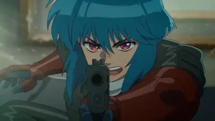 Blue-haired cyborg aims a handgun with a fierce glare; anime HD PC desktop wallpaper and background from The Ghost in the Shell (2026).