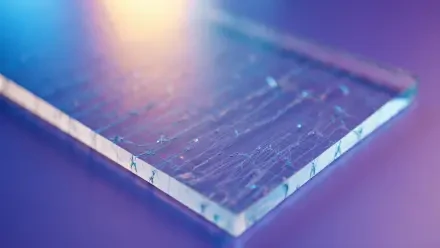 Close-up of a scratched glass edge with soft purple-blue bokeh and gradient glow, glassmorphism aesthetic — 5K Ultra HD PC desktop wallpaper and background.