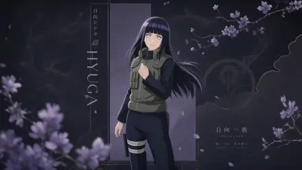 Hinata Hyuga standing among purple blossoms and soft moonlight, moody night scene — 4K Ultra HD PC desktop wallpaper background.