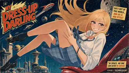 My Dress-Up Darling 4K Ultra HD PC desktop wallpaper: cheerful blonde in a school uniform lounging above a retro sci‑fi cityscape under a starry sky.