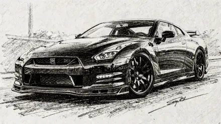Black-and-white sketch of a Nissan GT-R sports car, rendered as a high-detail 4K Ultra HD PC desktop wallpaper and background.
